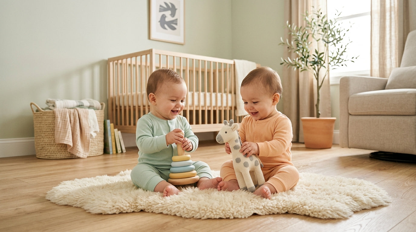 Exhausted dad holding two toddlers while looking at a bank statement