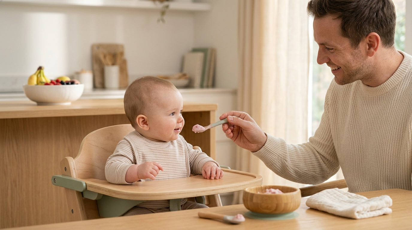 A dad looking stressed while his baby stares intensely at a melting ice cream cone