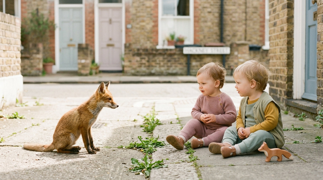 A tired London dad holding two toddlers away from a glass patio door while a fox sits outside.