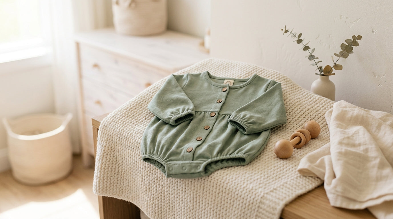 Baby girl wearing a long sleeve organic cotton bubble romper over ribbed tights