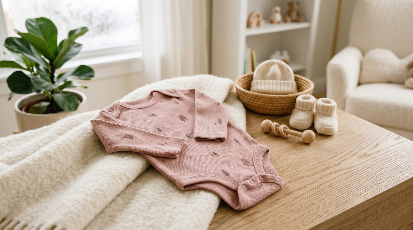 Mother dressing baby girl in an organic long sleeve bodysuit on a changing table