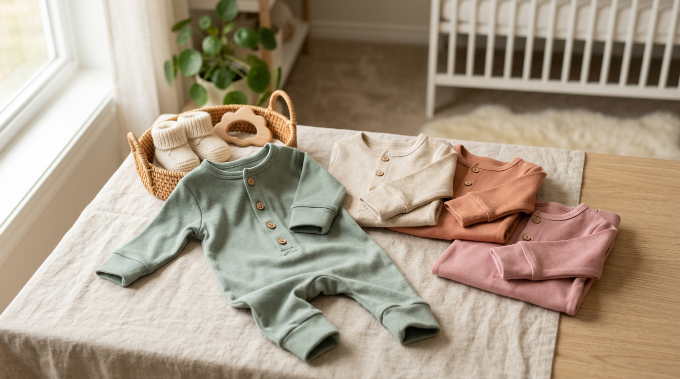 A fussy newborn baby getting dressed in a long sleeve organic cotton onesie.