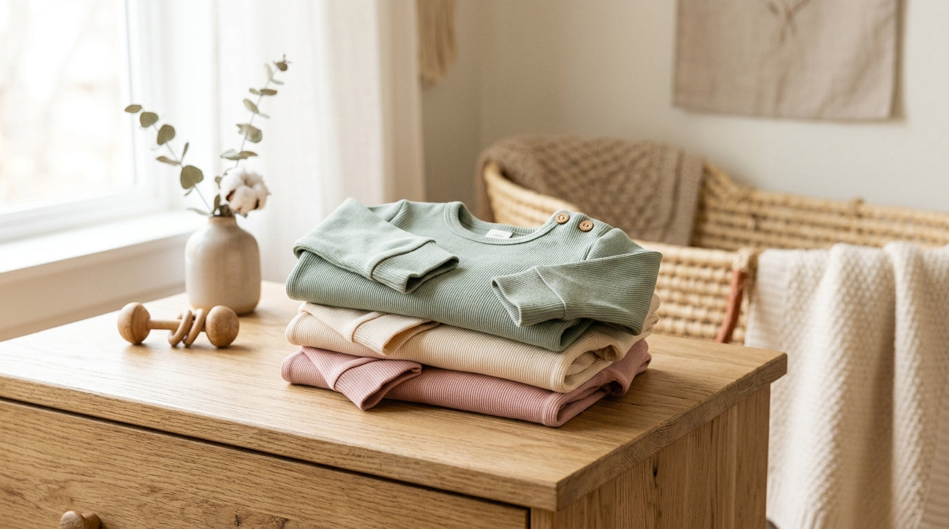 Mother checking back of baby's neck for temperature while adjusting a cotton bodysuit.