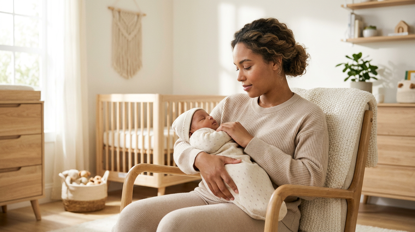 Tired mom holding a sleeping baby in a nursery rocking chair