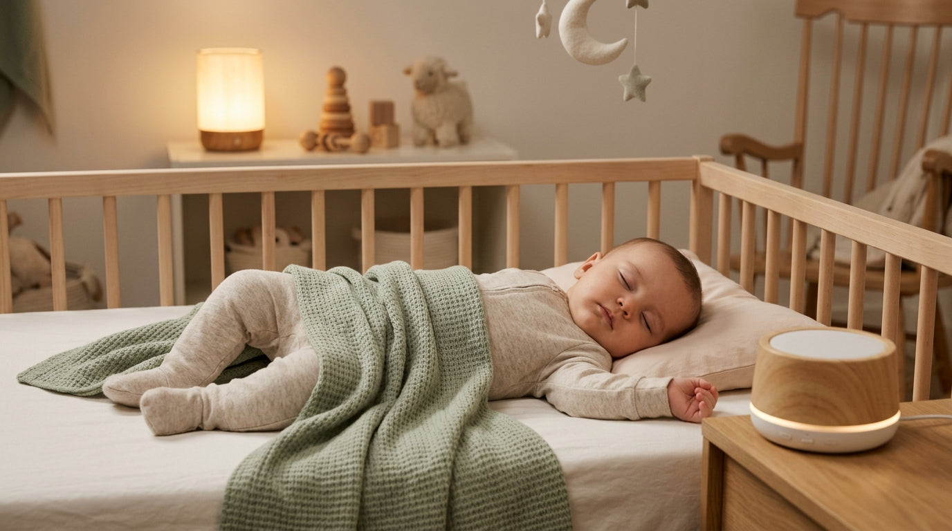 Tired mother pacing a dark nursery while holding her infant in a swaddle