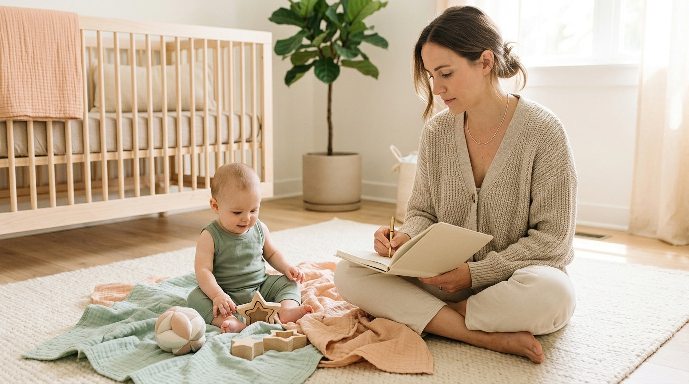 Tired dad looking at a laptop with baby building blocks nearby