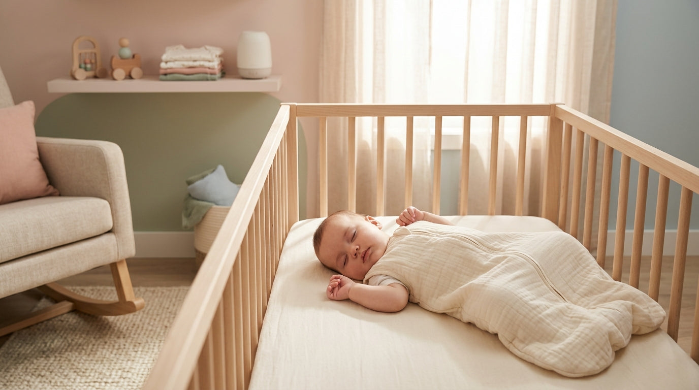 Exhausted mom in a messy nursery singing to her crying baby in the dark