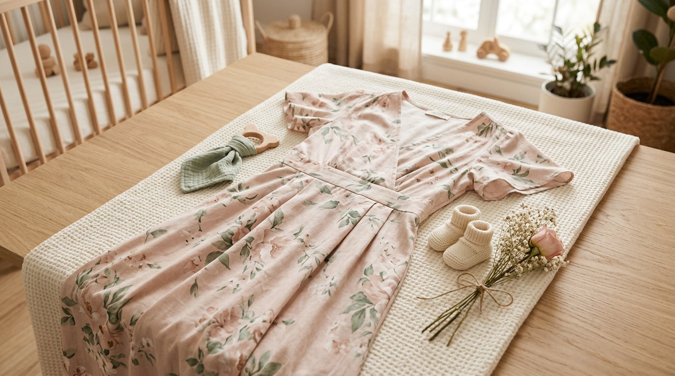 First time dad looking confused holding a maternity dress in a baby nursery