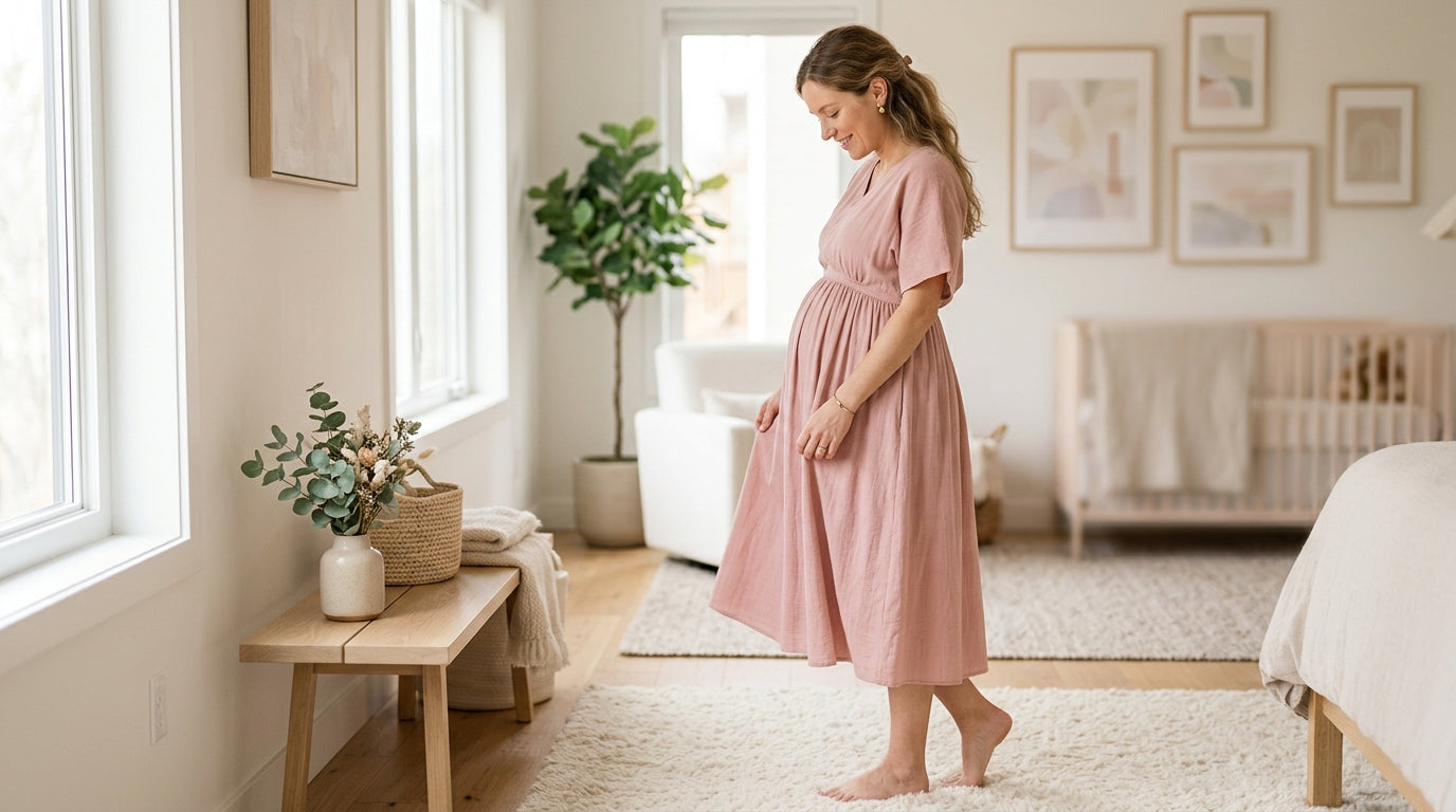 Pregnant woman looking annoyed while holding up an uncomfortable maternity dress