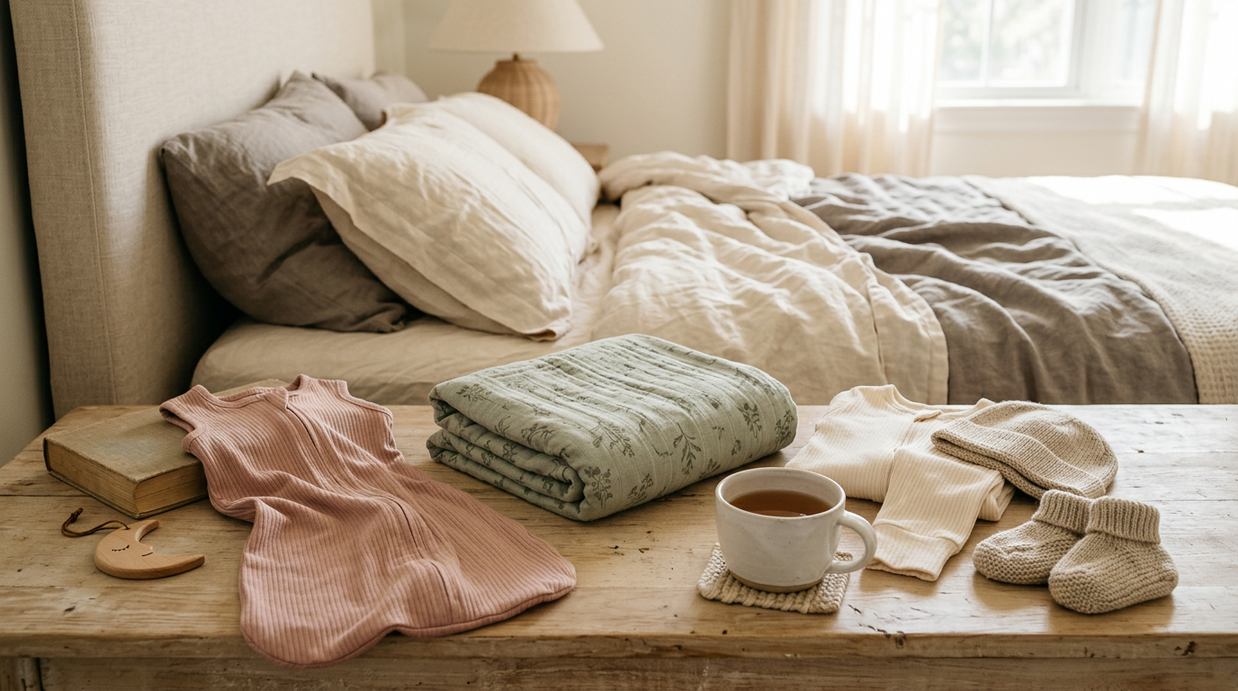 A tired British dad folding Mebie Baby bamboo sleepsuits while two toddlers destroy the room