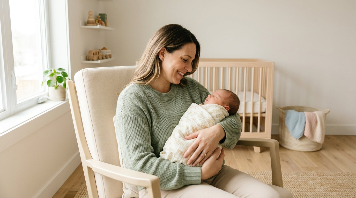 Exhausted father sitting in a dimly lit nursery looking defeated while holding a baby
