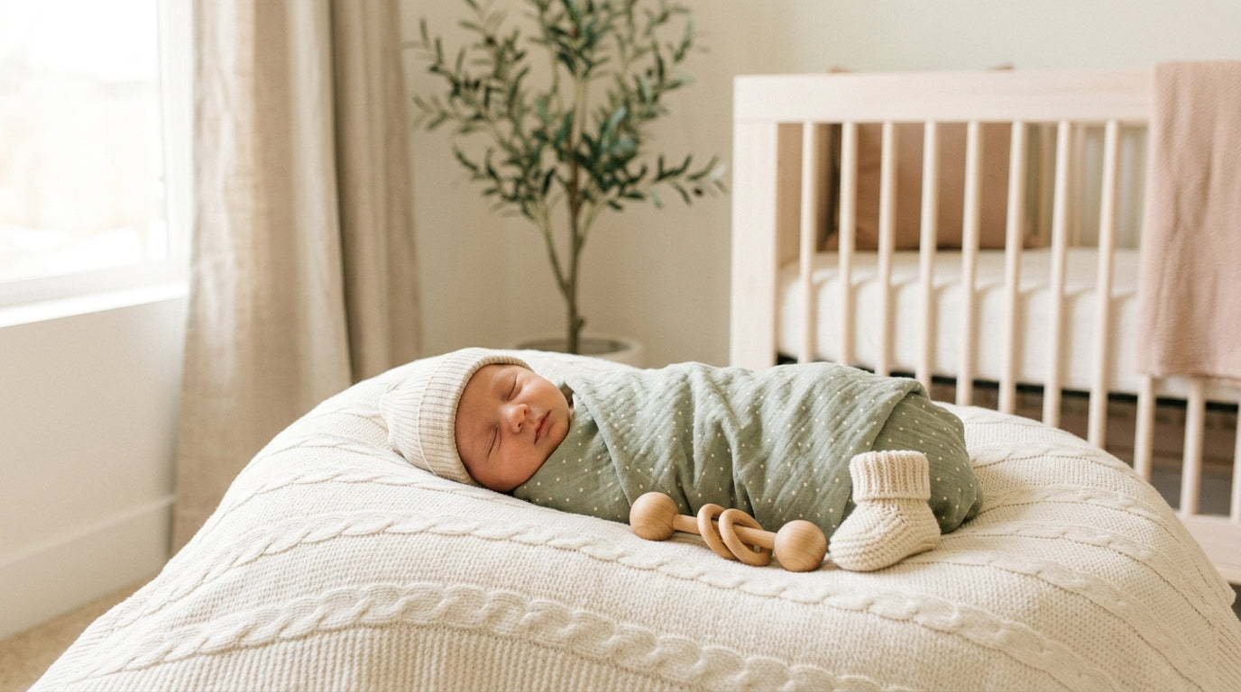 A tired dad holding a swaddled newborn while staring at a birth plan
