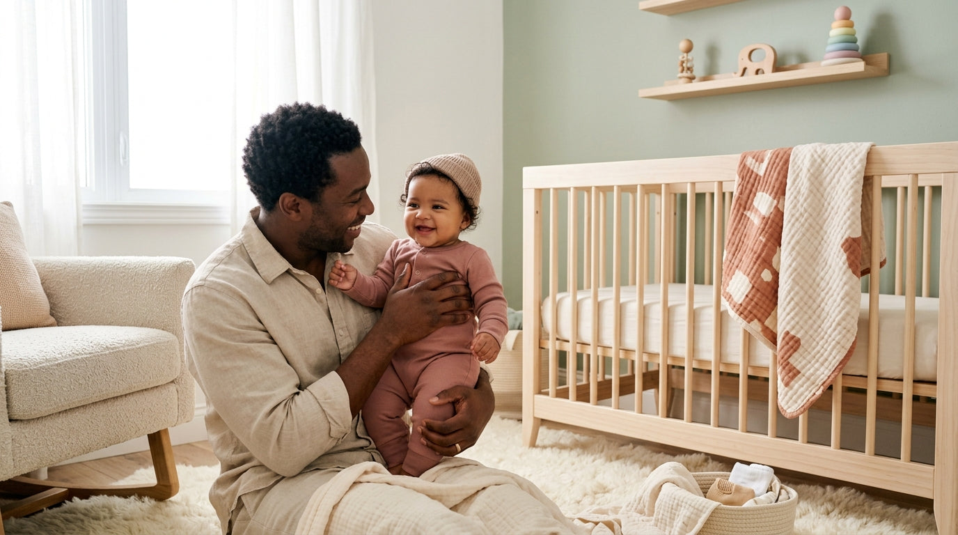 A tired dad holding a silicone teether and looking at a baby monitor
