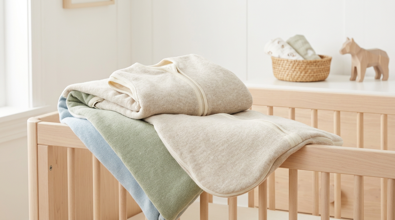 Tired mom holding a coffee mug and a merino wearable baby blanket