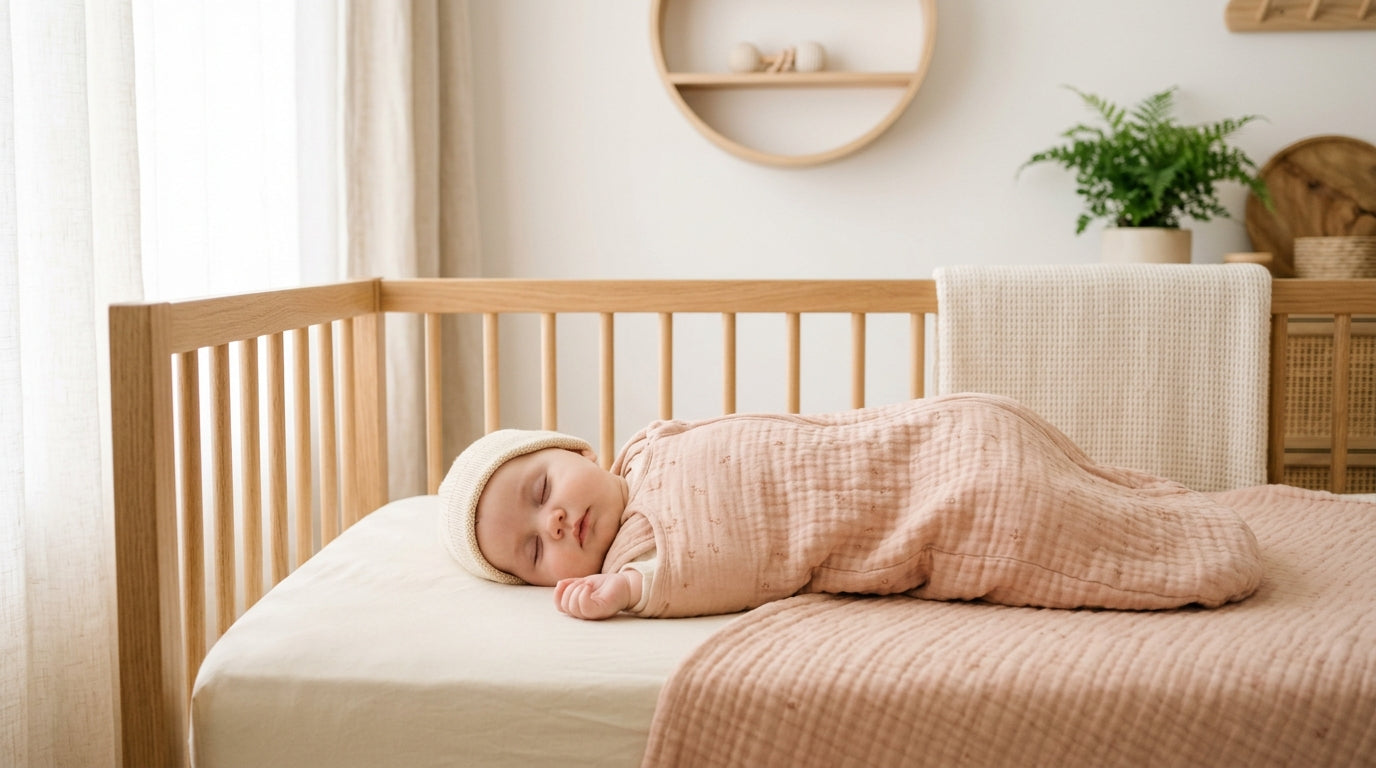 Exhausted mom drinking coffee while holding a sleeping baby in the nursery.