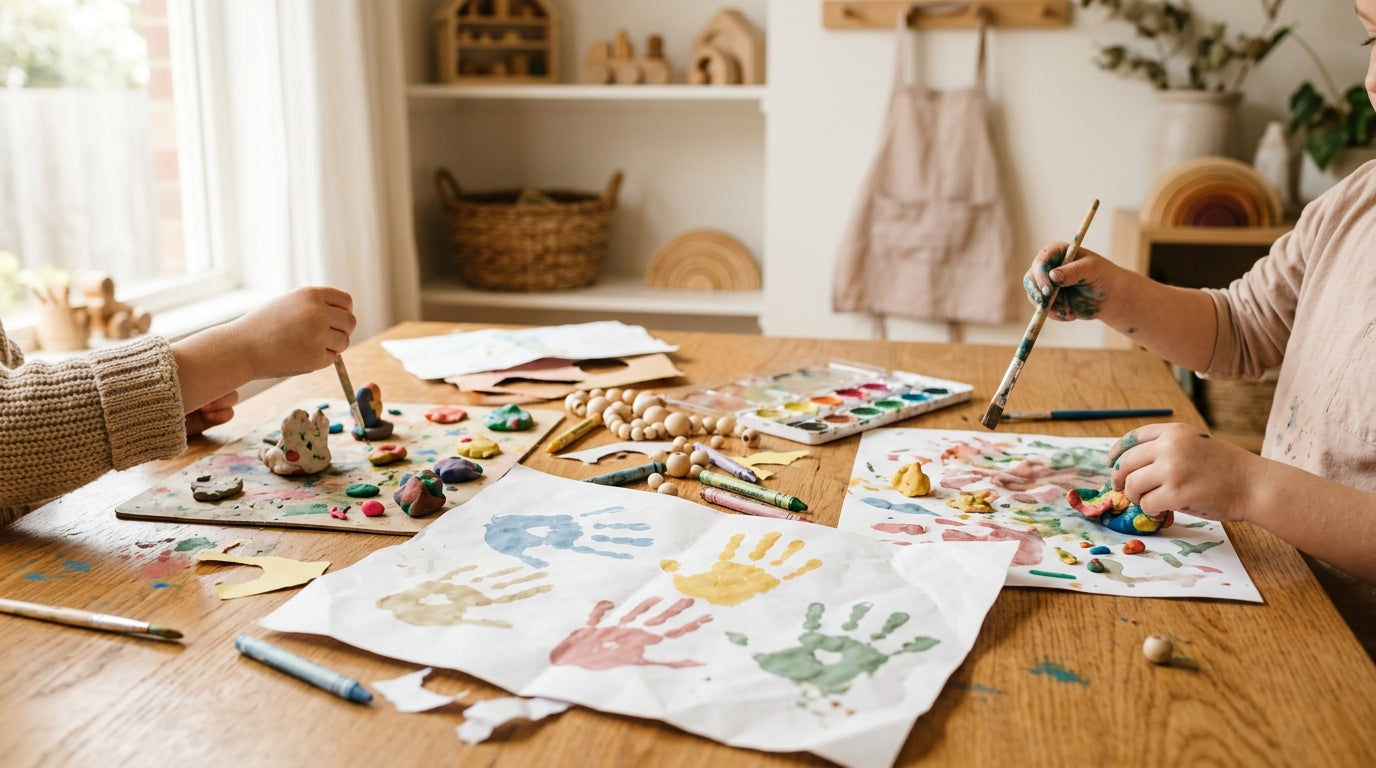 Baby hands covered in safe sweet potato puree paint on a wipeable mat.