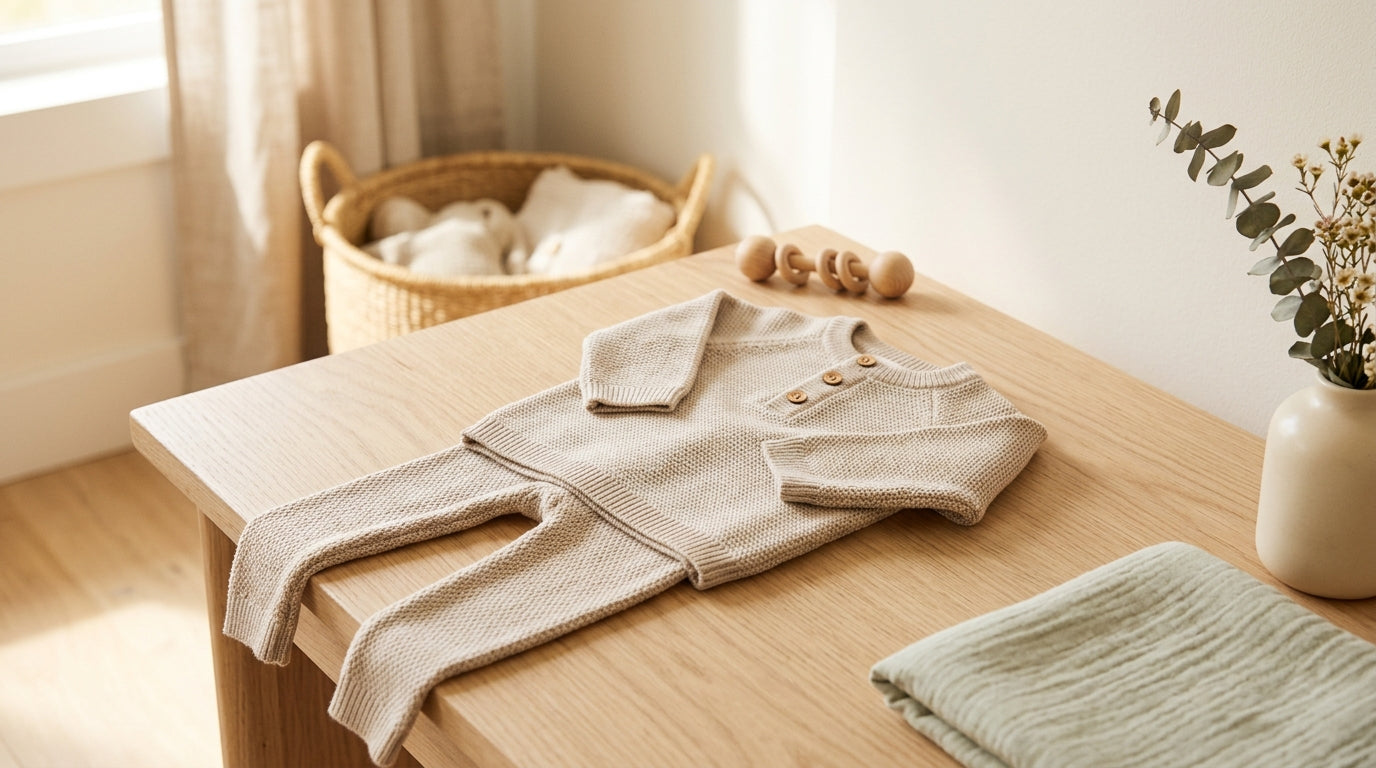 Mom holding baby wearing a smooth milanese knit suit and blanket
