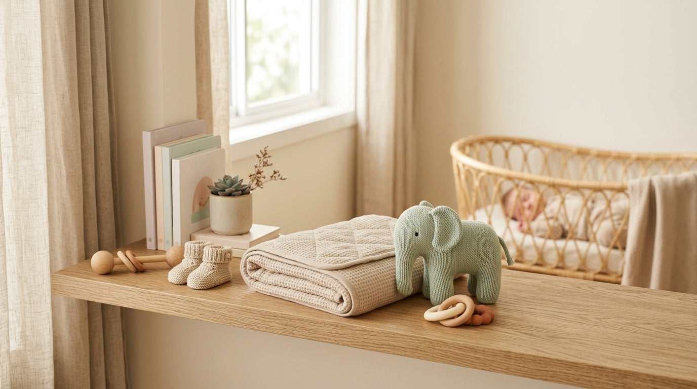 A tired father holding a baby while looking at financial spreadsheets on a laptop