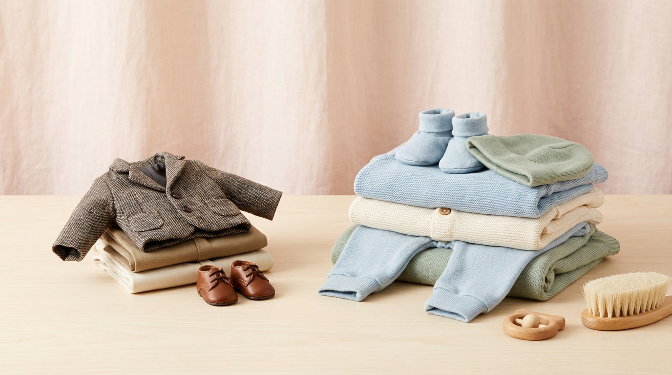 A toddler wearing a soft organic cotton henley romper on a rug