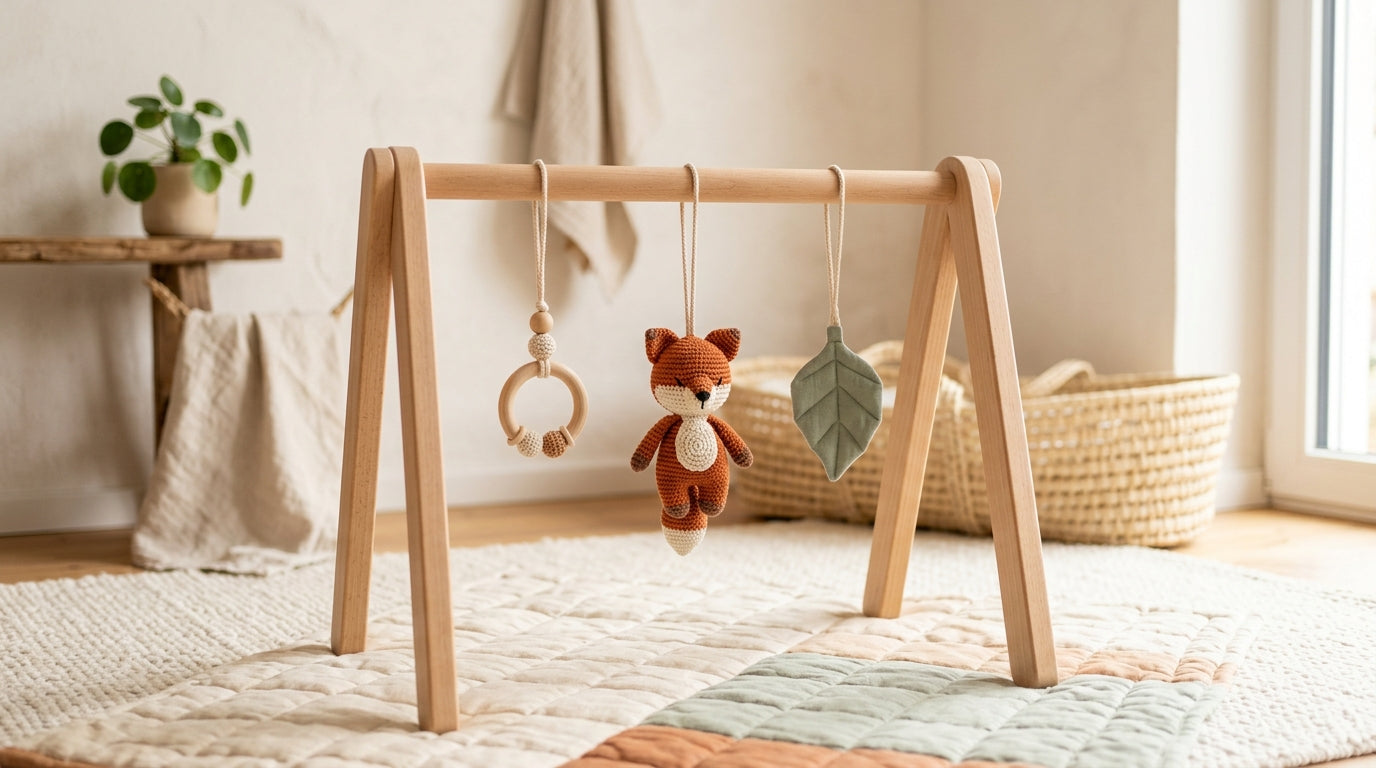 Wooden baby play gym with three minimalist hanging sensory toys