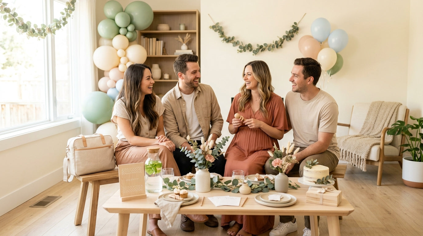 A relaxed outdoor baby bash gathering with parents and friends holding baby gear
