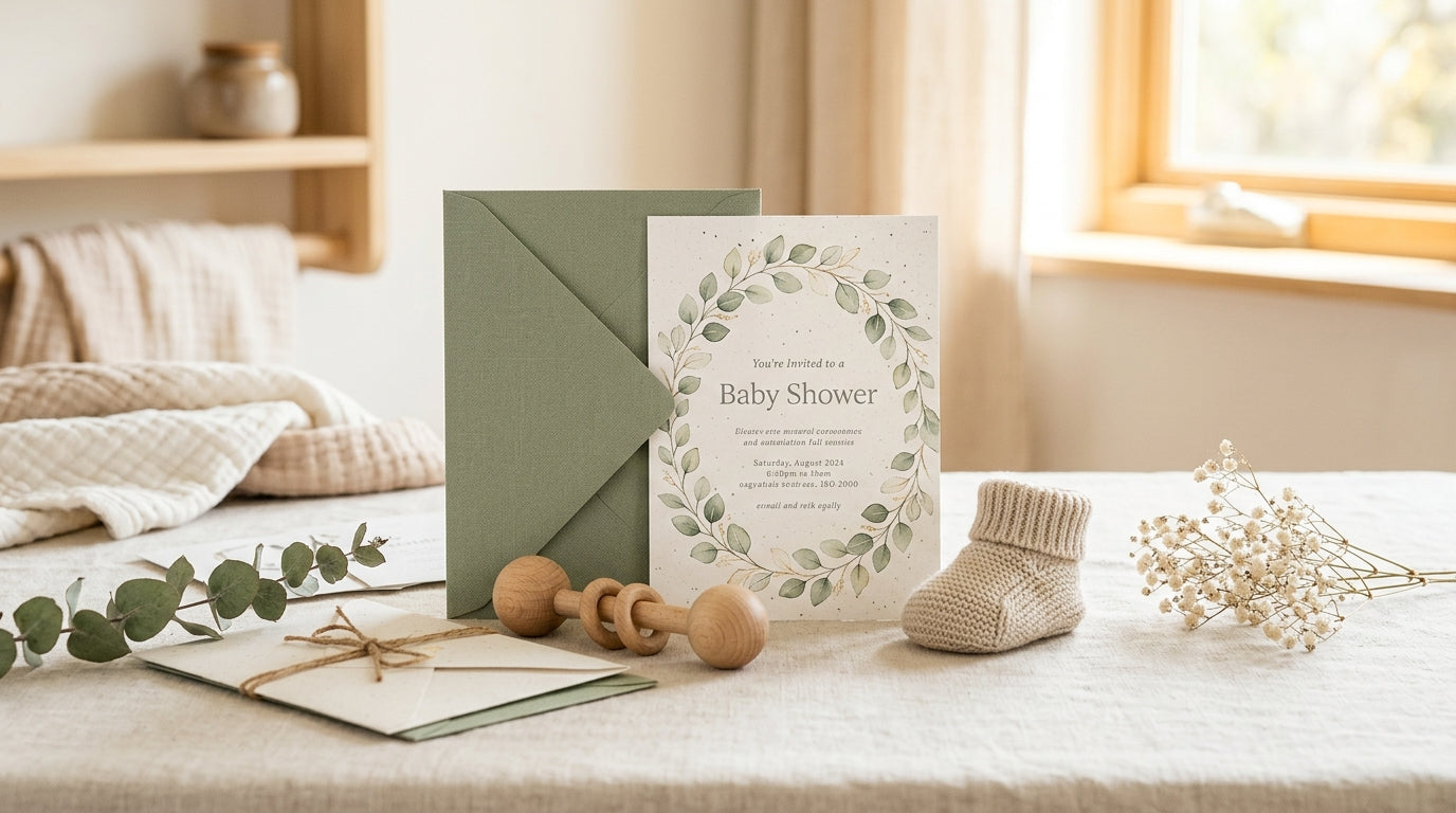 A stack of pastel baby shower envelopes scattered across a messy kitchen table
