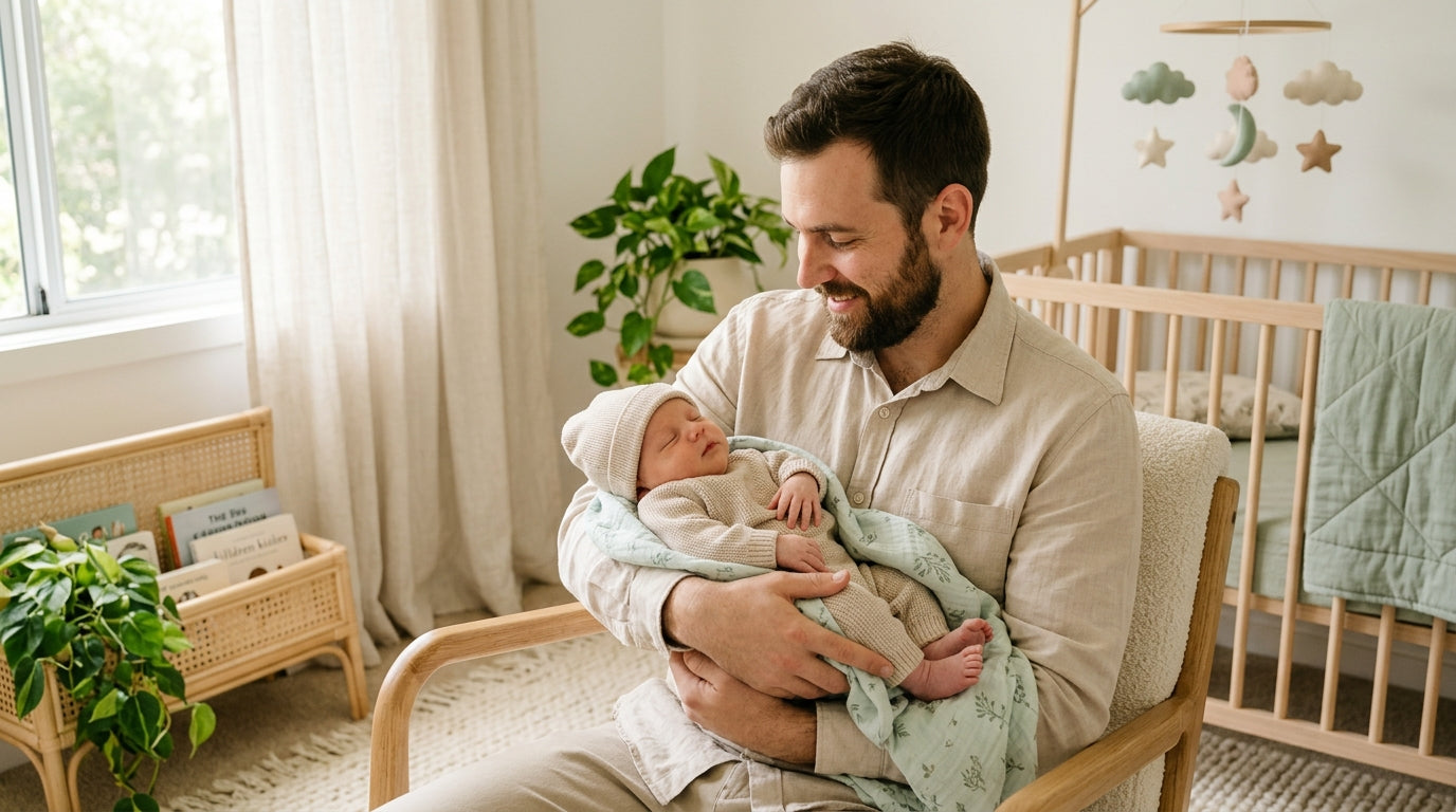 Three men looking confused while holding a baby and baby gear