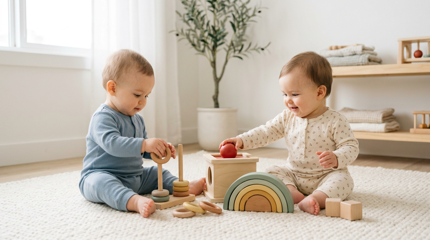 Twin babies fighting over a wooden play gym on a messy living room rug