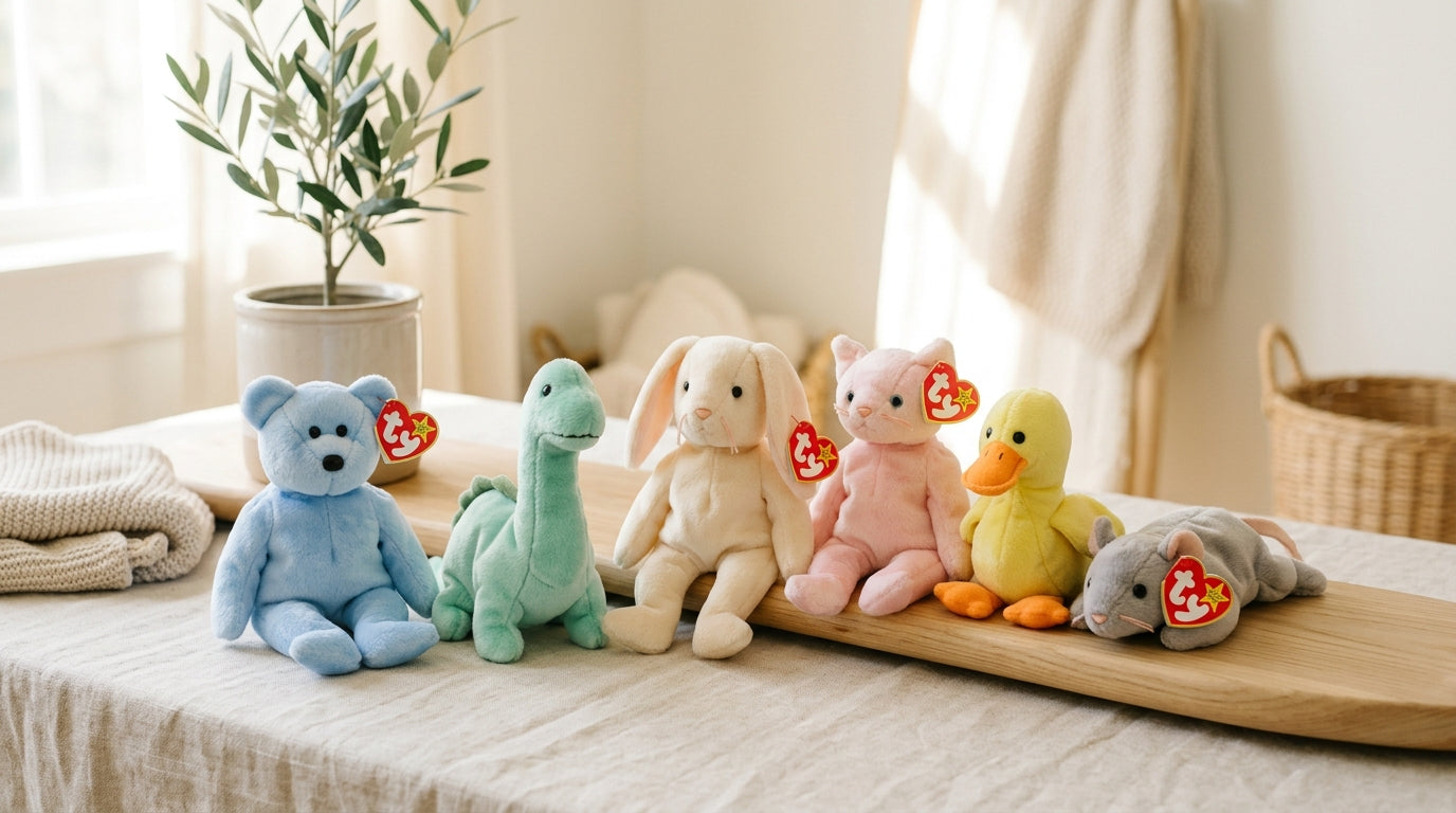 A pile of vintage 90s plush toys sitting in a dusty cardboard box.