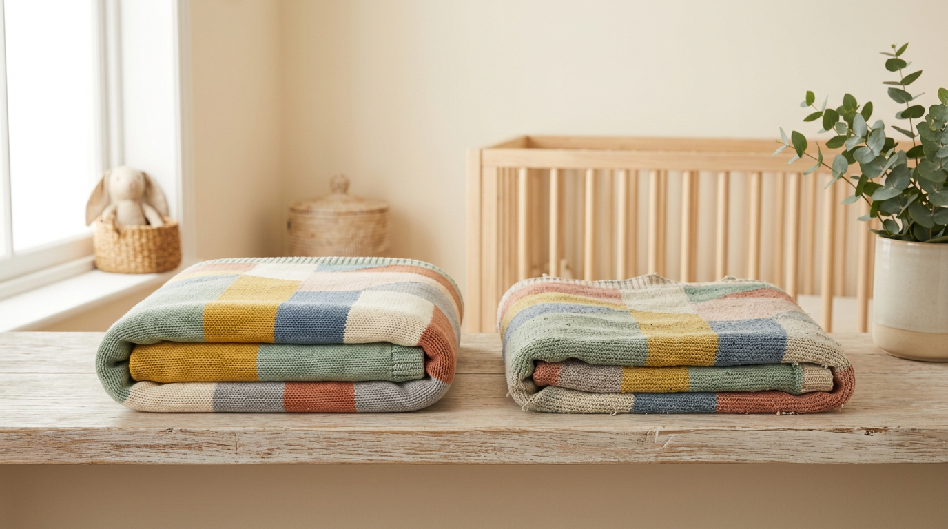 Tired British dad folding a soft bamboo multicoloured baby throw while twin girls pull at the edges in a chaotic living room.