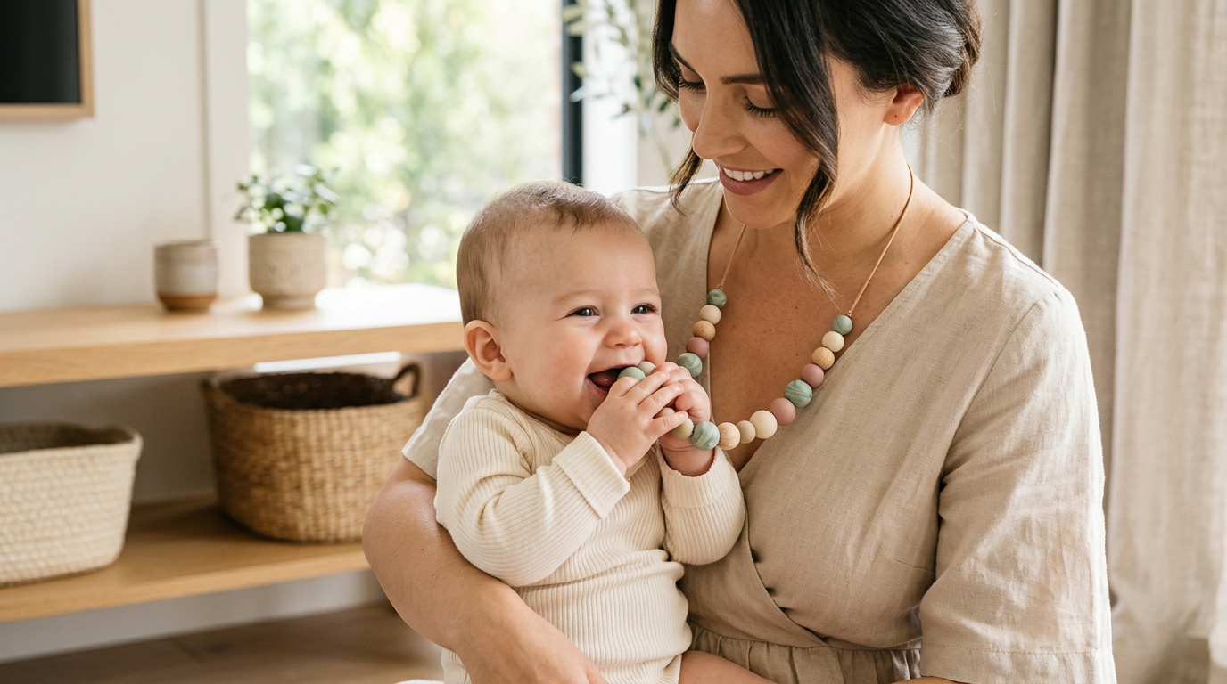Mother wearing a silicone teething necklace while feeding her distracted baby