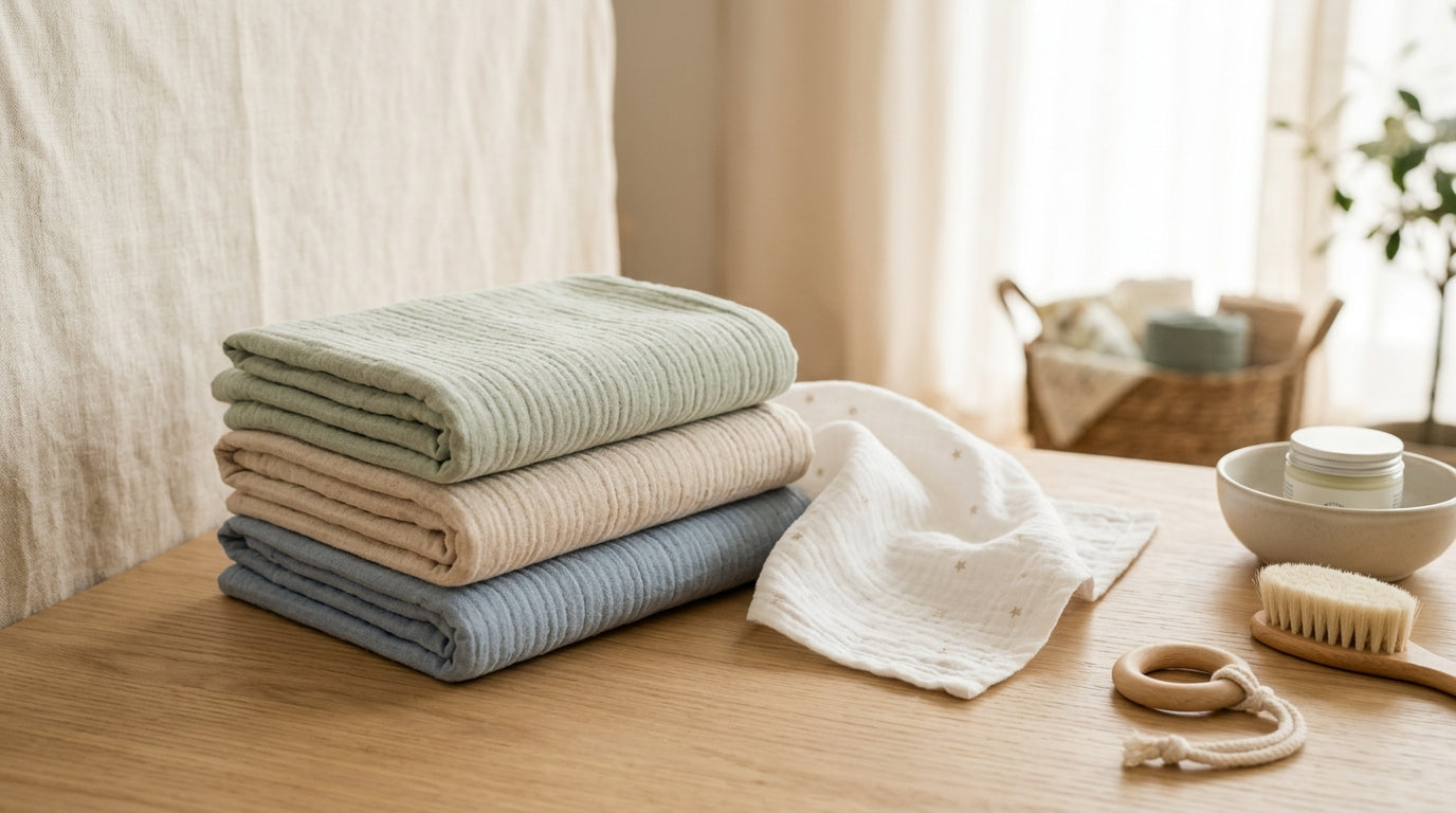 11-month-old baby resting on a breathable organic cotton muslin cloth
