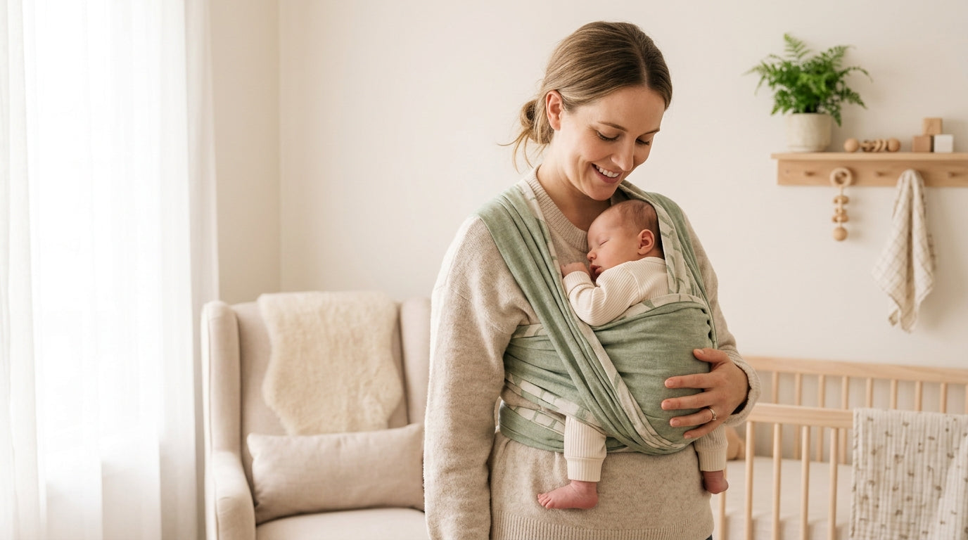 A tired mom wearing her baby in a soft fabric papoose carrier while holding coffee.