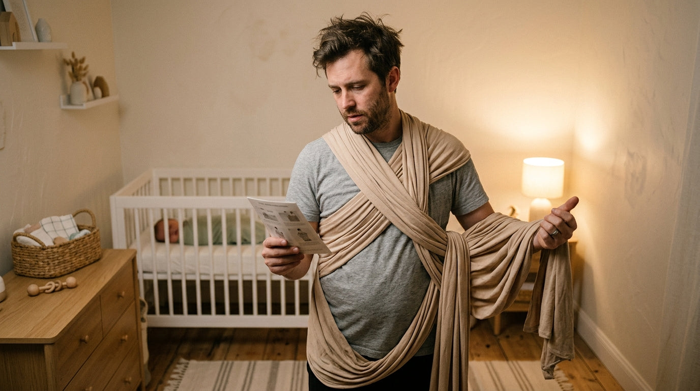Sleep deprived dad practicing tying the solly baby wrap in the living room