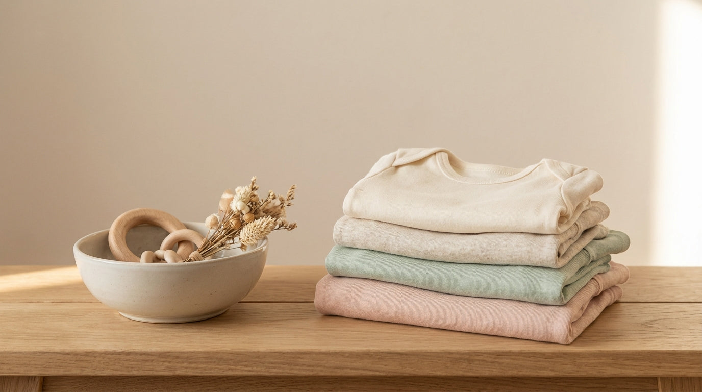Toddler wearing a neutral organic bodysuit representing nachhaltige mode