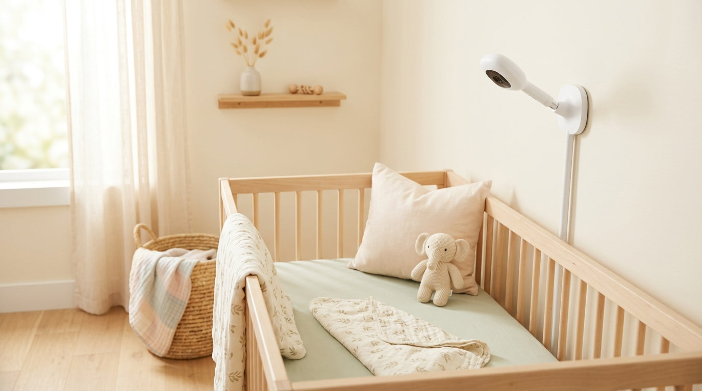 Nanit Pro camera mounted over a crib next to some folded baby clothes