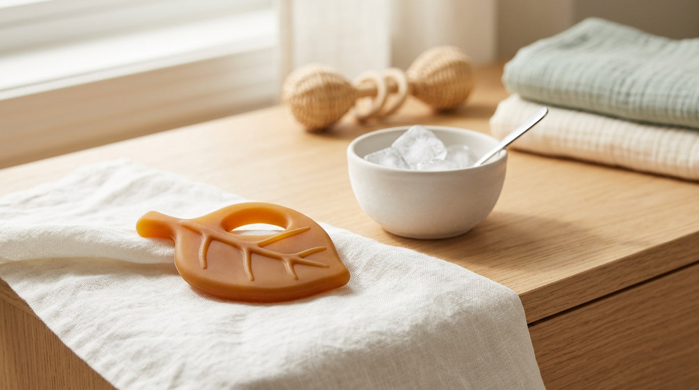 A half-chewed natural rubber teething ring sitting on a burp cloth