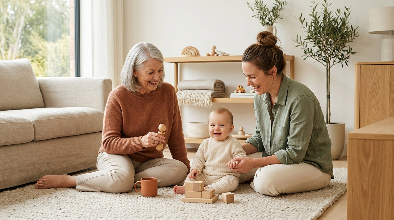 Exhausted mom holding a cold coffee while arguing with a grandparent