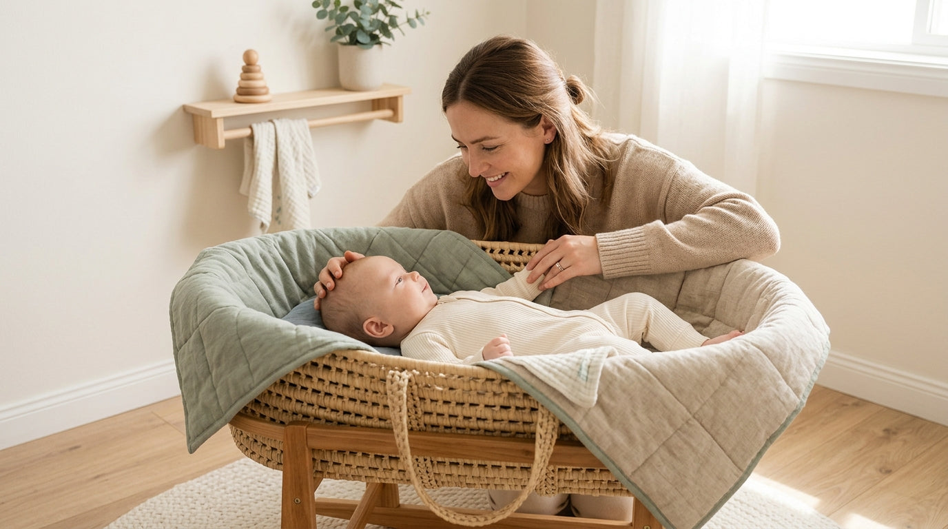 A tired mom looking at her phone while her baby plays safely on a wooden play gym.