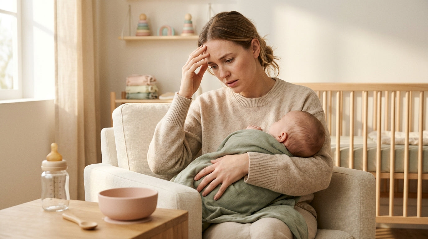 A tired mom holding a tin of infant powder and a cup of cold coffee in her kitchen.