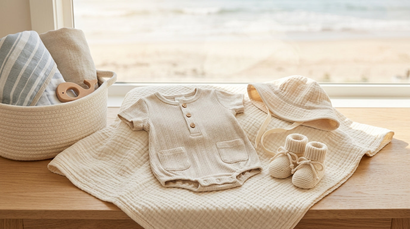 A baby in a full coverage sunsuit sitting on a playmat under a beach tent