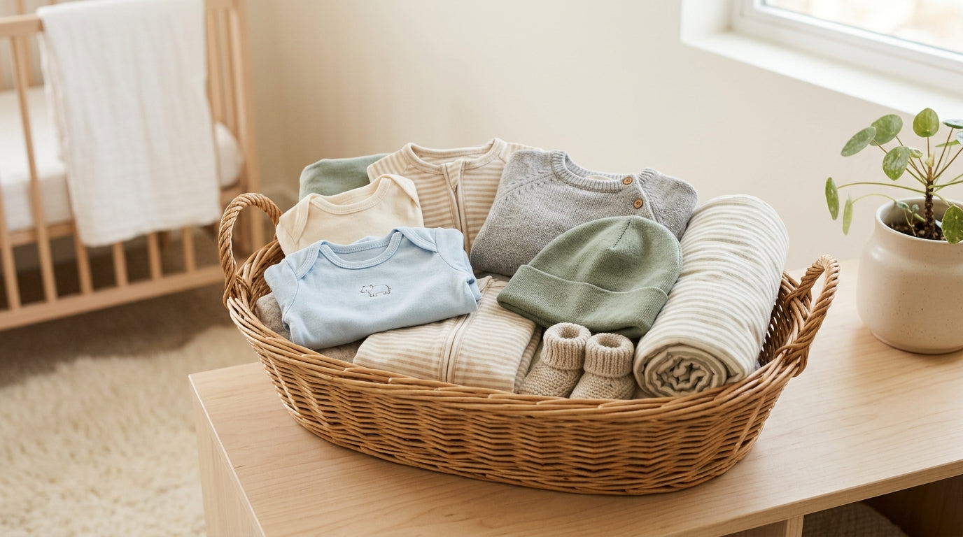 An unimpressed infant wearing a plain organic cotton bodysuit
