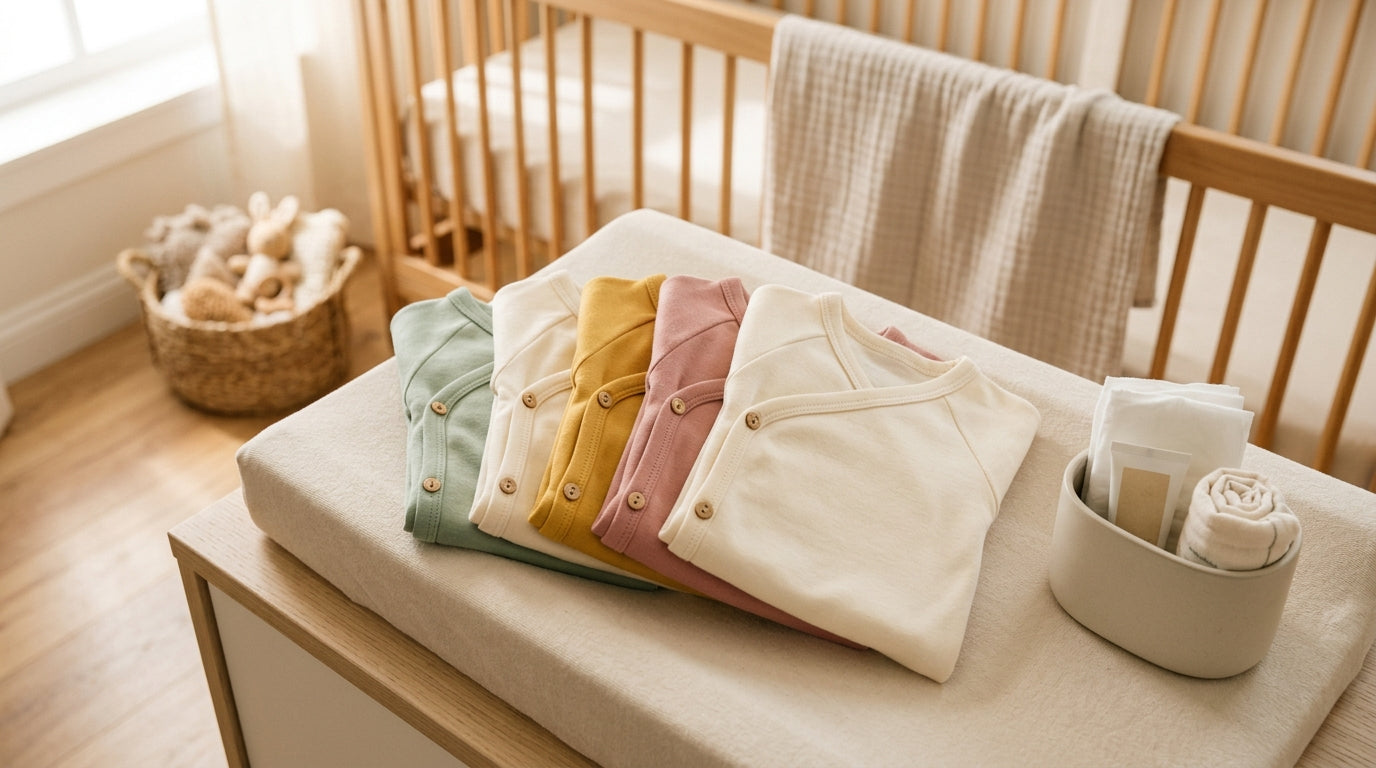 Soft organic cotton infant kimono set folded on a messy nursery changing table