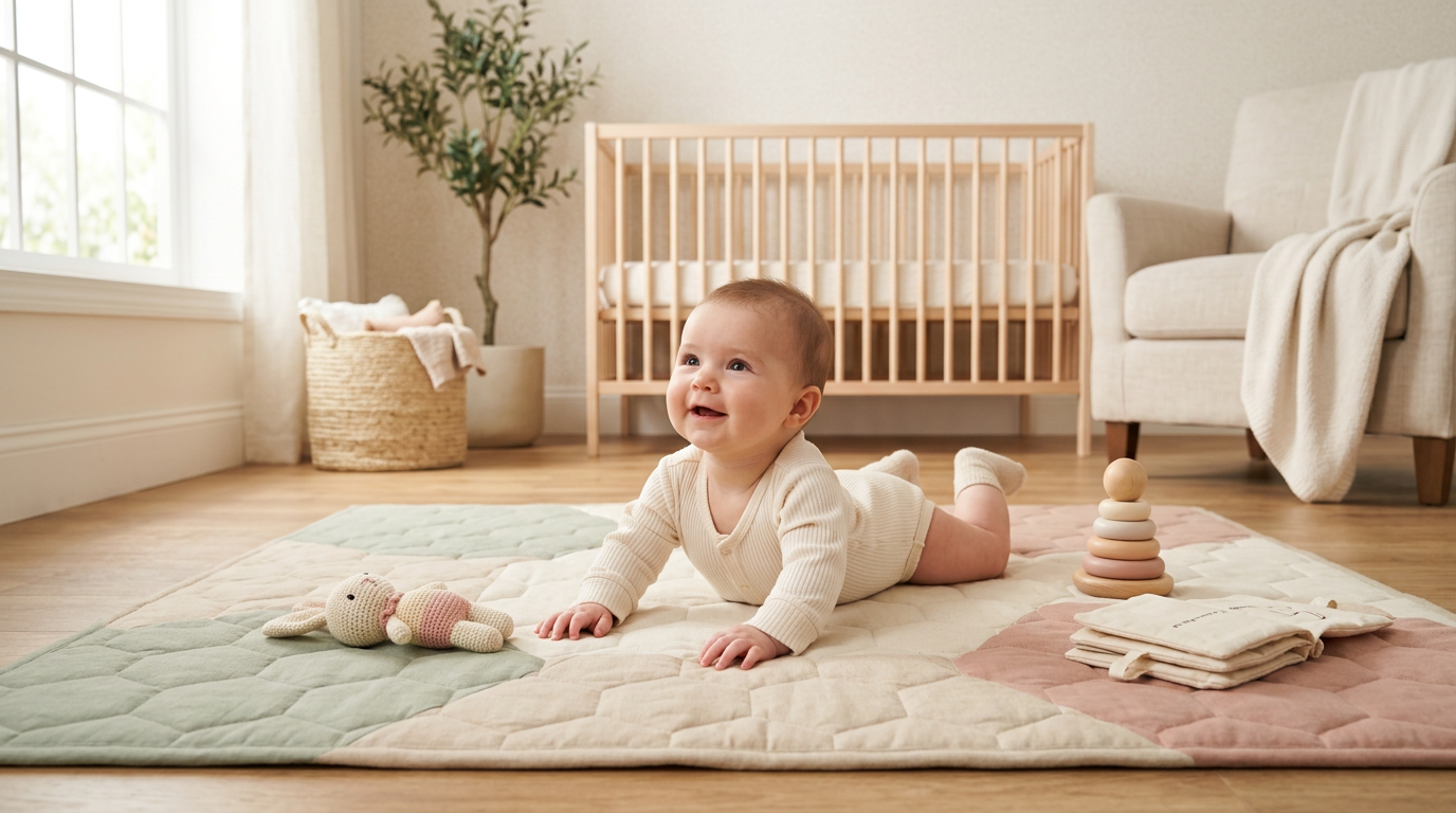 Coffee cup next to a neutral baby play mat on a messy living room floor