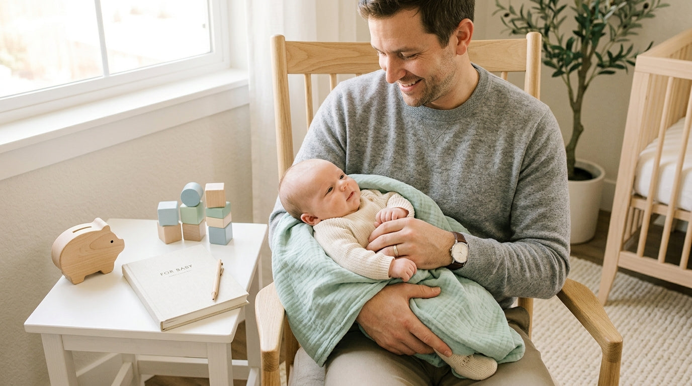 Stressed dad looking at a laptop while a baby plays on a wooden play gym
