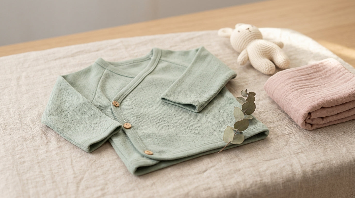 Dad awkwardly trying to figure out the side snaps on an organic cotton newborn kimono top.