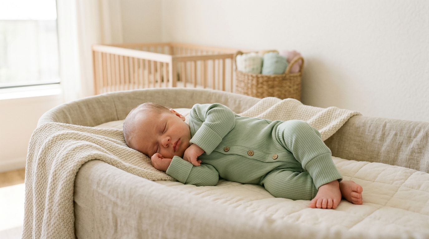 Baby wearing an organic cotton footless newborn long sleeve romper on a rug