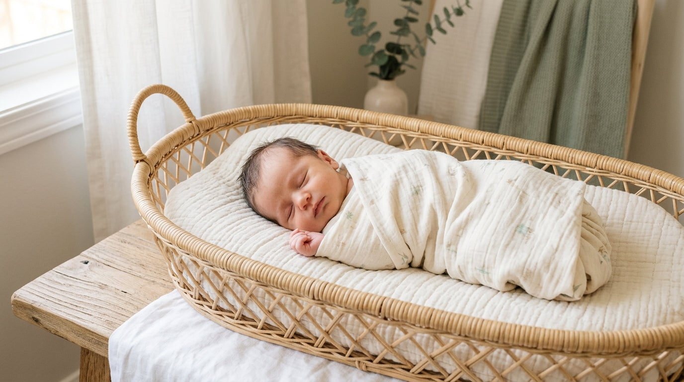 Tired dad holding a swaddled infant looking at his phone in a dark nursery