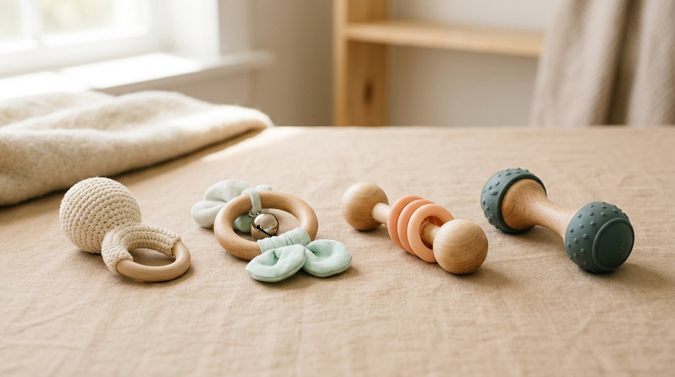 A tired dad holding a wooden baby rattle while twin infants sit on a neutral playmat.