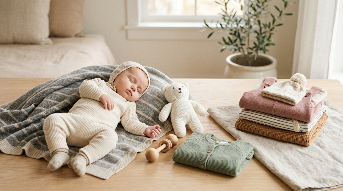 A messy pile of soft organic baby clothes next to a half-empty coffee mug